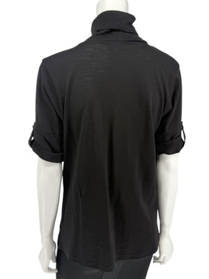 Burberry London Black Wool Short-Sleeve Pleated Funnel-Neck Top – Size L