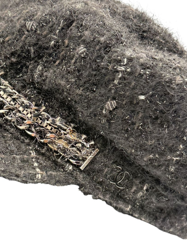 CHANEL Black Tweed Newsboy Cap with Signature Chain Trim