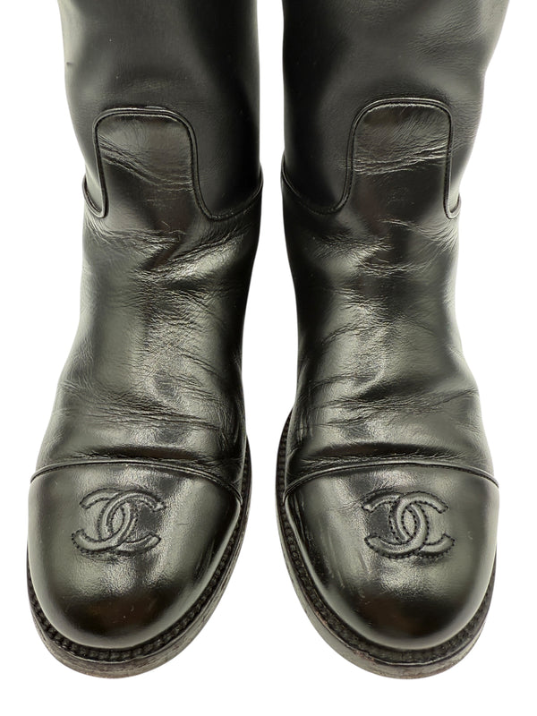 Chanel CC Captoe Black Leather Riding Boots – Size 36.5