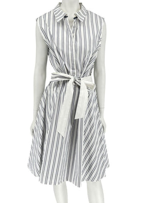 Lafayette 148 New York White & Navy Striped Sleeveless Shirtdress with Self-Tie Belt – Size XXL