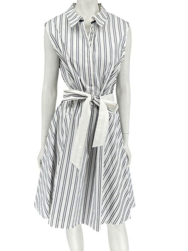 Lafayette 148 New York White & Navy Striped Sleeveless Shirtdress with Self-Tie Belt – Size XXL