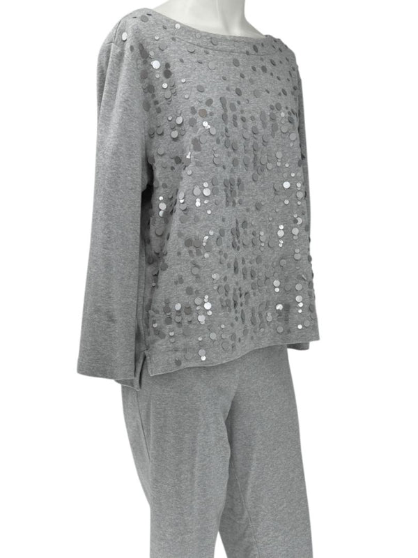 Joan Vass Gray Sequin-Embellished Knit Top & Pant Set – Size XL