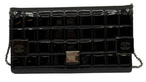 Chanel Black Patent Leather Chocolate Bar Clutch On Chain