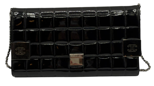 Chanel Black Patent Leather Chocolate Bar Clutch On Chain