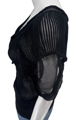 Jean Paul Gaultier Black Ribbed Sheer Top with Puff Sleeves - S