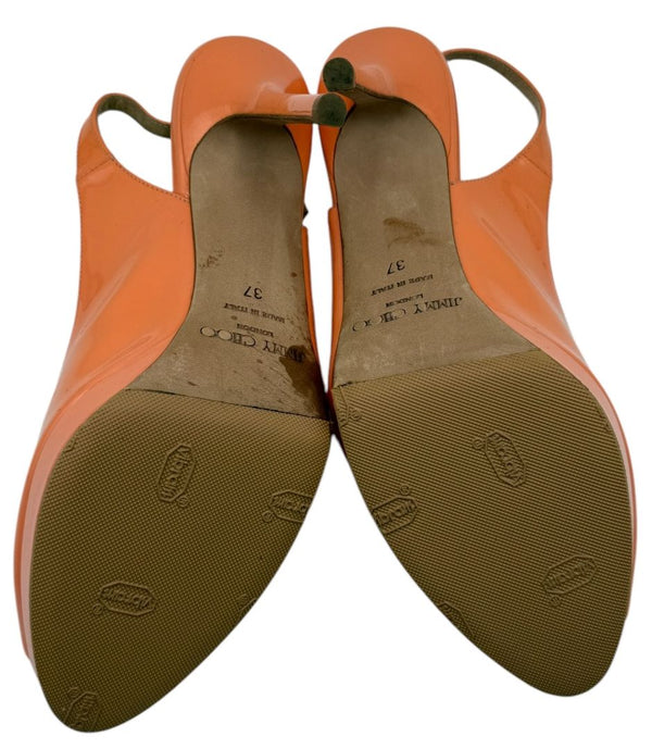 Jimmy Choo Patent Leather Slingback Platform Heels in Peach Coral – Size 37 – Good Preowned Condition