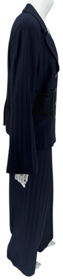 Armani Collezioni Navy Pinstripe Pantsuit with Corset-Style Waist Trim – Size IT 48