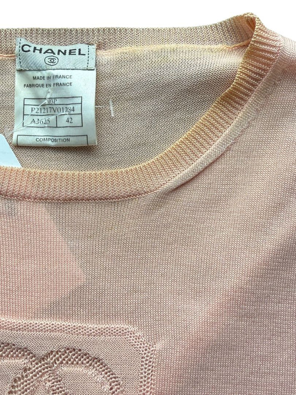 Chanel Peach Knit Logo Tee – Size FR 42 (US 8/10)