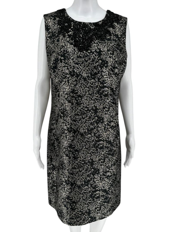 Pamella Roland Metallic Jacquard Sleeveless Dress with Beaded Neckline