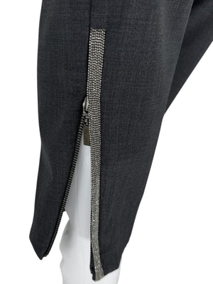 Brunello Cucinelli Grey Wool-Blend Slim Pants with Monili Trim – Size IT 44 / US 8