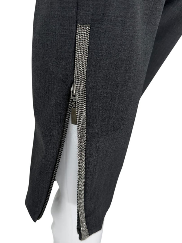 Brunello Cucinelli Grey Wool-Blend Slim Pants with Monili Trim – Size IT 44 / US 8