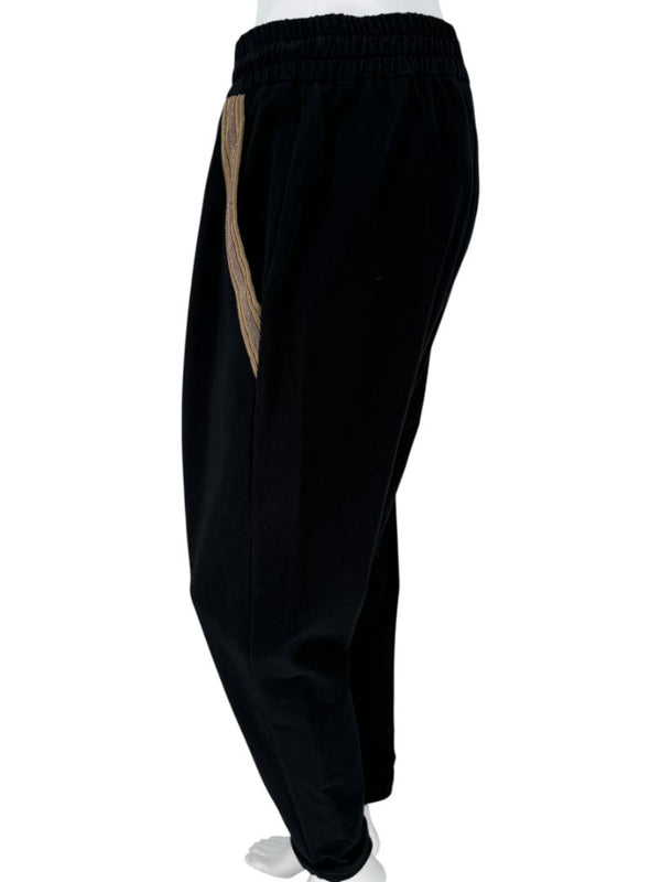 Brunello Cucinelli Black Cotton Joggers with Metallic Trim - Large