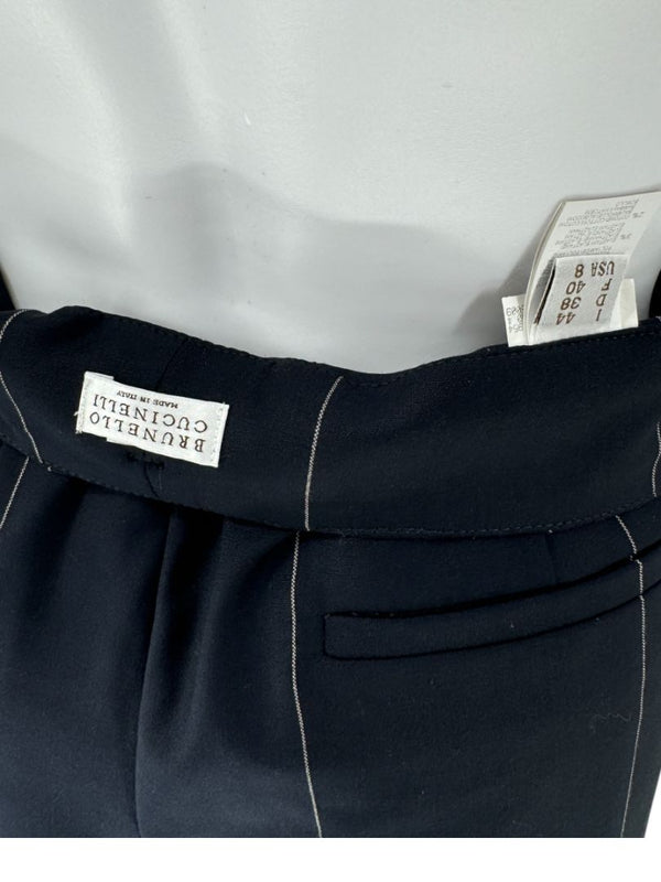 Brunello Cucinelli Navy Pinstripe Wool Pants with Belt - Size 8
