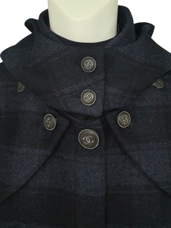 Chanel Navy & Black Plaid Wool Hooded Cape with Logo Buttons – Size FR 44 - *RARE*