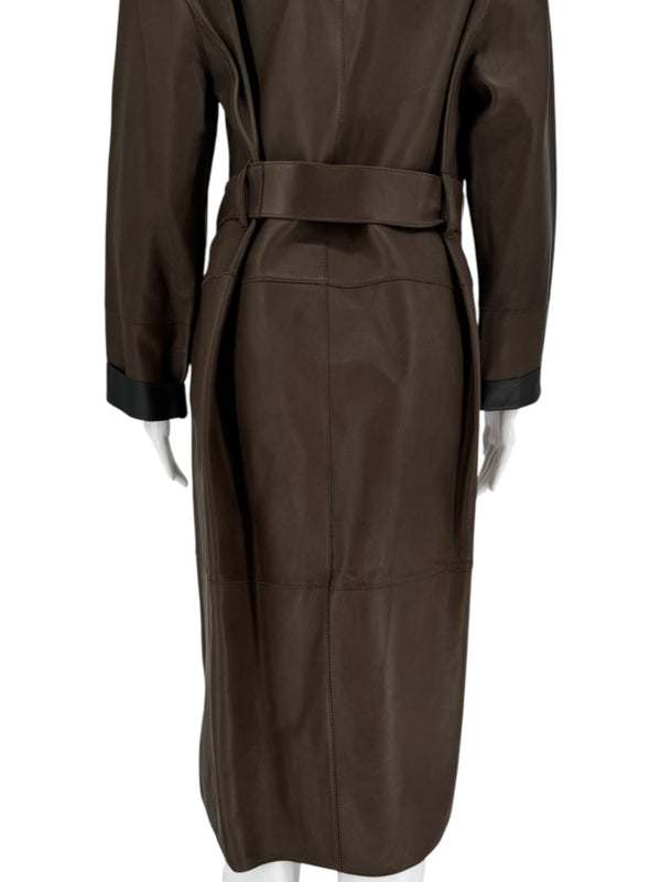 Brunello Cucinelli Chocolate Leather Belted Coat - Size 4