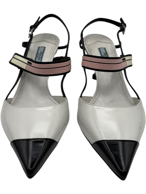 Prada White, Black & Blush Patent Leather Kitten Heels – Size 39.5