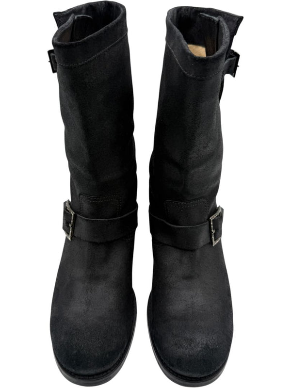 Jimmy Choo Black Suede Buckle Boots with Crystal Heels – Size 39.5