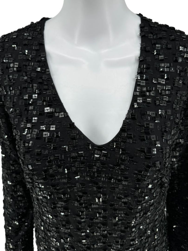 Pamella Roland Black Beaded Long Sleeve Dress - Size L