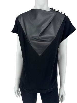 Proenza Schouler Black Draped Top with Faux Leather Inset – Size 6