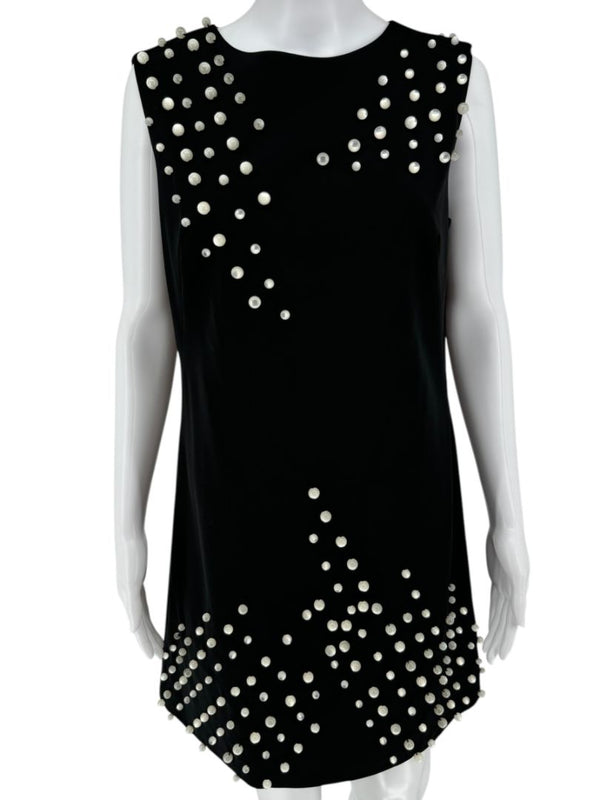 Pamella Roland Black Sleeveless Shift Dress with Pearl Embellishments – Large