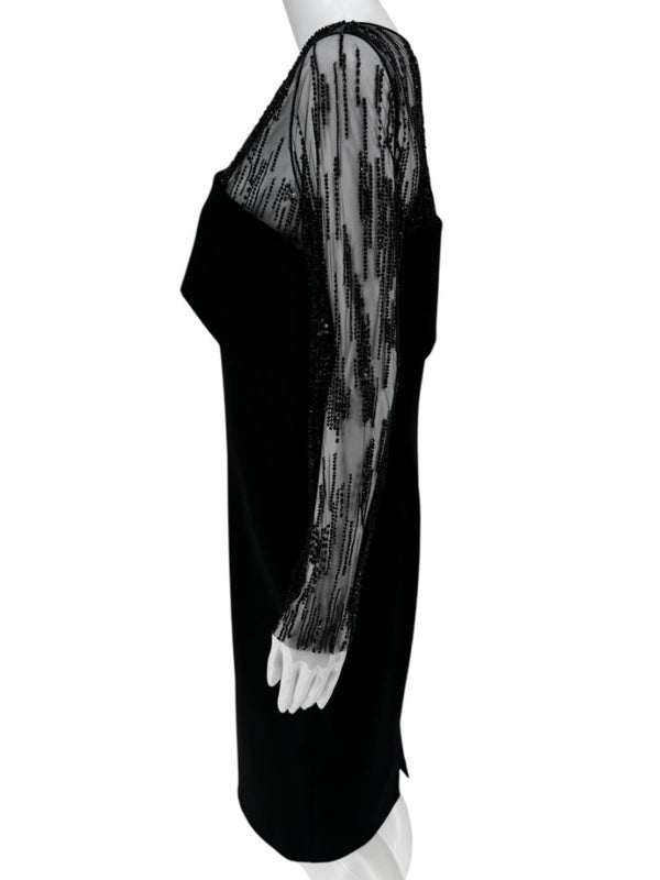 Pamella Roland Black Embellished Mesh Sleeve Cocktail Dress – Large