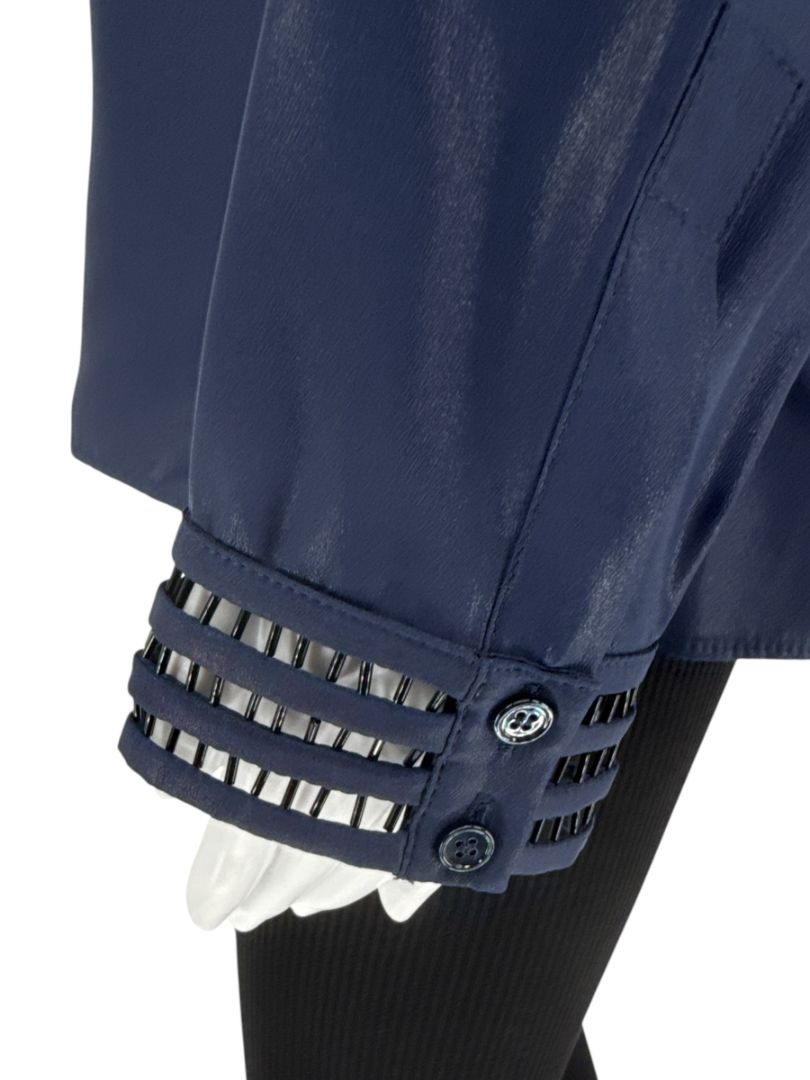 Akris Navy Mulberry Silk Blouse with Jewelry Trim – Size US 8 / FR 40 / DE 38