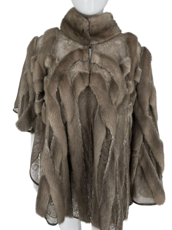 Pamella Roland Taupe Mink Fur & Lace Cape – Sample Size (M/L)