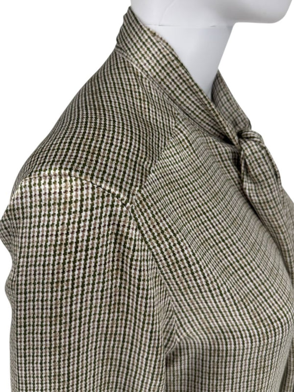 Kiton Olive & Taupe Silk Houndstooth Blouse and Pant Set – Size 46 (Fits M/L)
