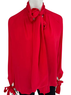 J.C. Obando Red Silk Tie Cuff Blouse – Size 8
