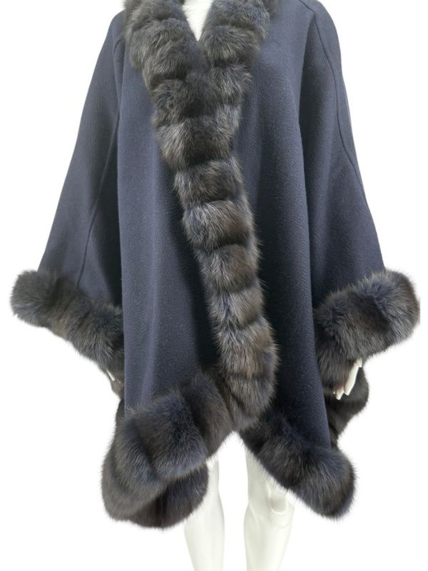 Pamella Roland Navy Cashmere Blend Cape with Genuine Fur Trim - One Size