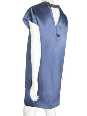 Brunello Cucinelli Navy Silk Shift Dress with Contrast Trim – Size XL- NEW