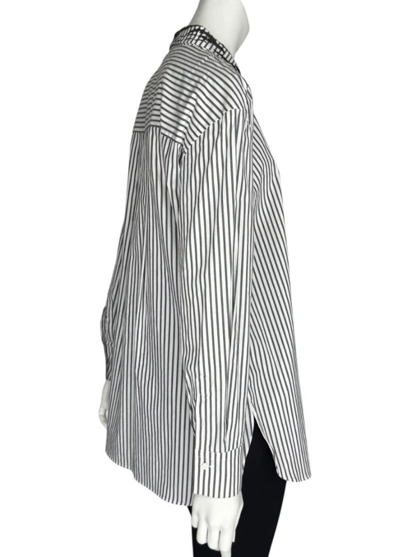 Brunello Cucinelli Gray & White Vertical Stripe Embroidered Collar Shirt – Size XL