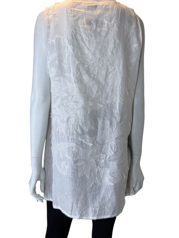 Fendi White Linen Sleeveless Tunic with Textured Floral Appliqué – Size L