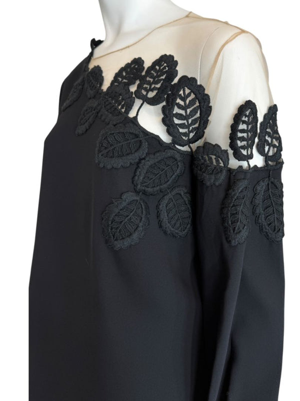 Oscar de la Renta Resort 2019 Black Silk Embroidered Illusion Neck Blouse – Size 8 - NWT