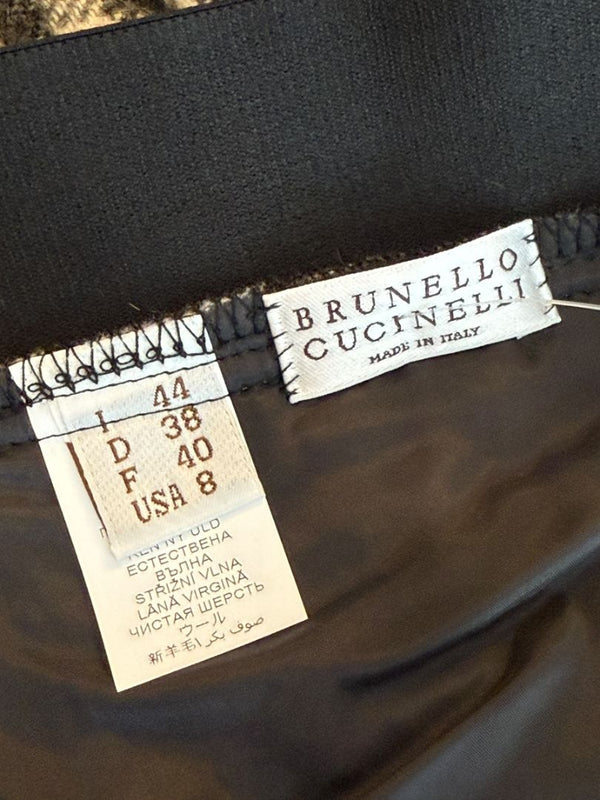 Brunello Cucinelli Black & Ivory Checked Wool Skirt with Fringe Hem – Size IT 44 (US 8)