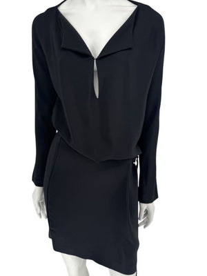 Pamella Roland Black Drape-Front Long Sleeve Belted Mini Dress – Large