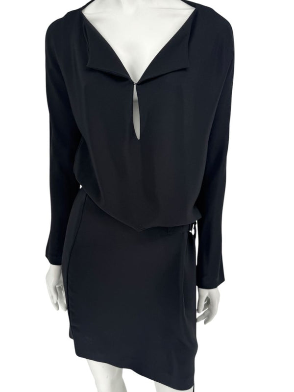 Pamella Roland Black Drape-Front Long Sleeve Belted Mini Dress – Large