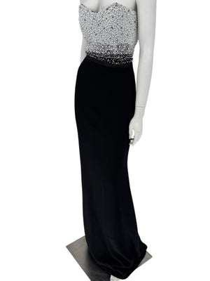 Pamella Roland Black Strapless Gown Silver Pearl Crystal Beaded Bodice Size 8 Evening Dress