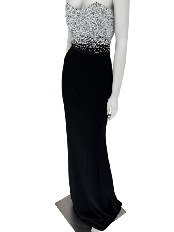Pamella Roland Black Strapless Gown Silver Pearl Crystal Beaded Bodice Size 8 Evening Dress