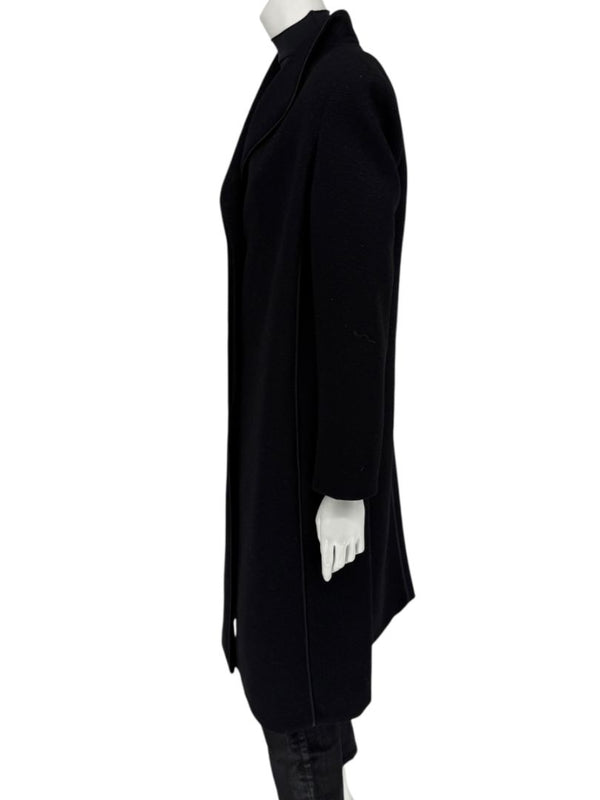 Pamella Roland Black Longline Coat Piped Trim Open Front Designer Outerwear Fits L