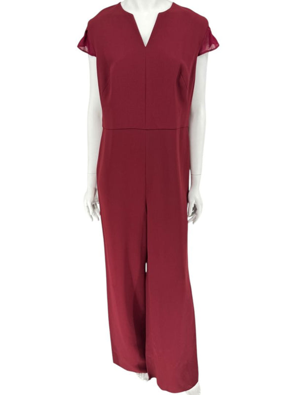 Pamella Roland Burgundy Cap-Sleeve Jumpsuit with Sheer Sash – Large