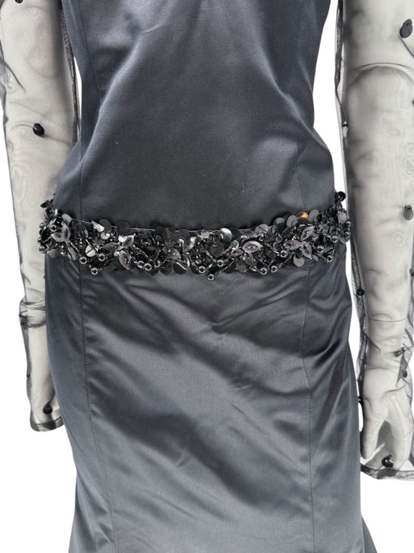 Pamella Roland Black Strapless Evening Dress Embellished Waist Sheer Sleeve Formal Gown - Size 6