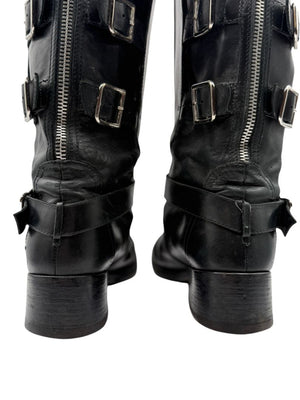 Chanel Black Leather Moto Boots with Silver Armor Plate – Size 40.5