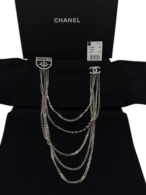 Chanel Baguette Crystal CC Shield Multi-Strand Long Chain Brooch Silver 15B w/ Box, Case & Tag