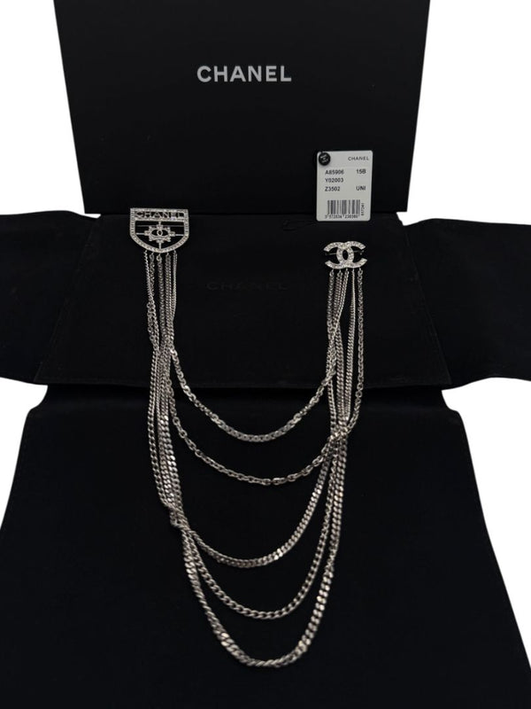 Chanel Baguette Crystal CC Shield Multi-Strand Long Chain Brooch Silver 15B w/ Box, Case & Tag