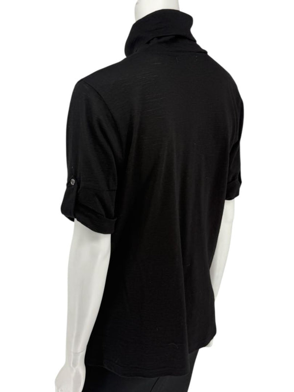 Burberry London Black Wool Short-Sleeve Pleated Funnel-Neck Top – Size L