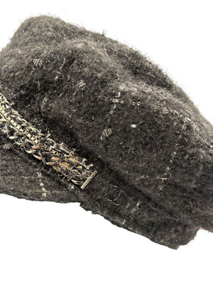 CHANEL Black Tweed Newsboy Cap with Signature Chain Trim