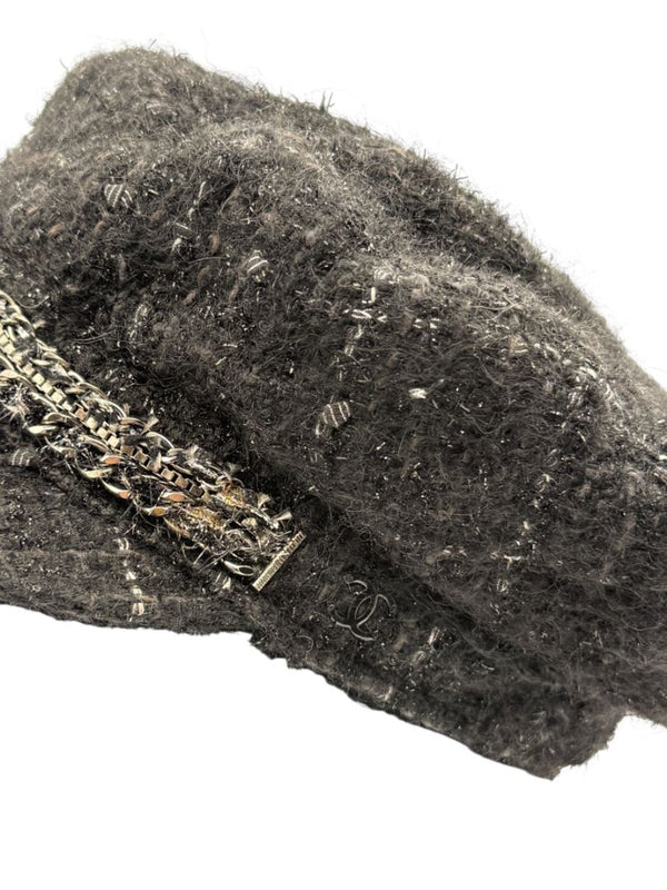 CHANEL Black Tweed Newsboy Cap with Signature Chain Trim