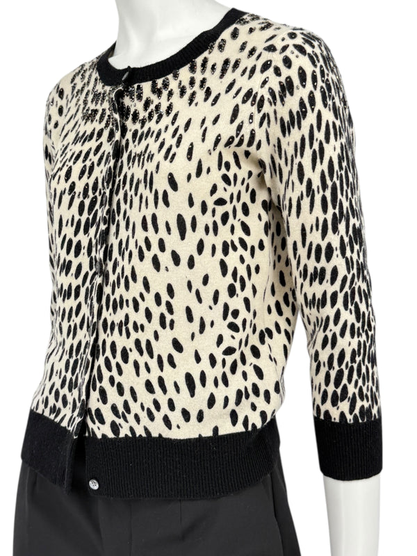 DKNY Cream & Black Leopard-Print Beaded Cardigan – Size: Small