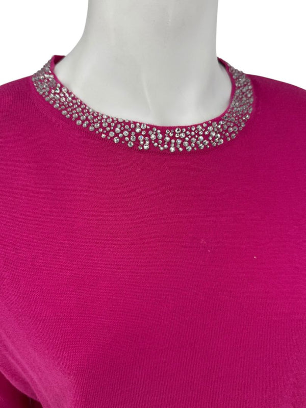 Neiman Marcus Cashmere Collection Fuchsia Embellished Short-Sleeve Sweater – Size XL